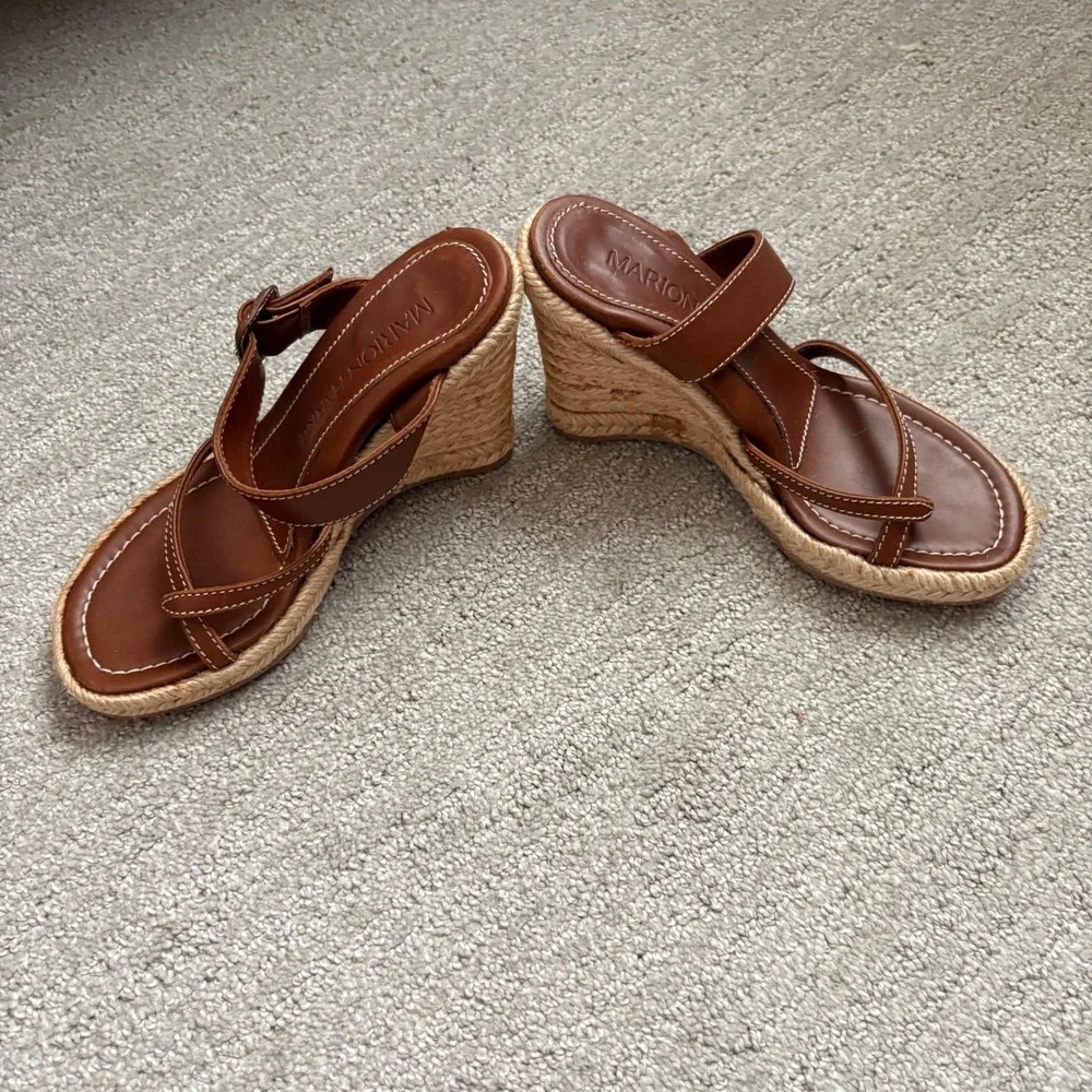 Marion Parke Brown Leather Espadrille Wedge Sandals Toe Loop Made in Italy 36